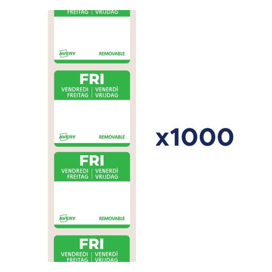 Et sett med avtagbare etiketter fra Avery, merket 'FRI' på flere språk, med en mengde på 1000 angitt.