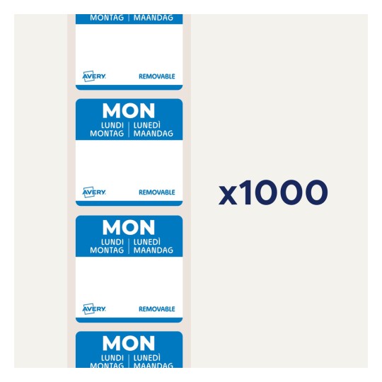 Bildet viser en stabel med avtagbare etiketter for mandag på flere språk, med en total mengde på 1000 etiketter. Hver etikett har et blått design og Avery-logoen.