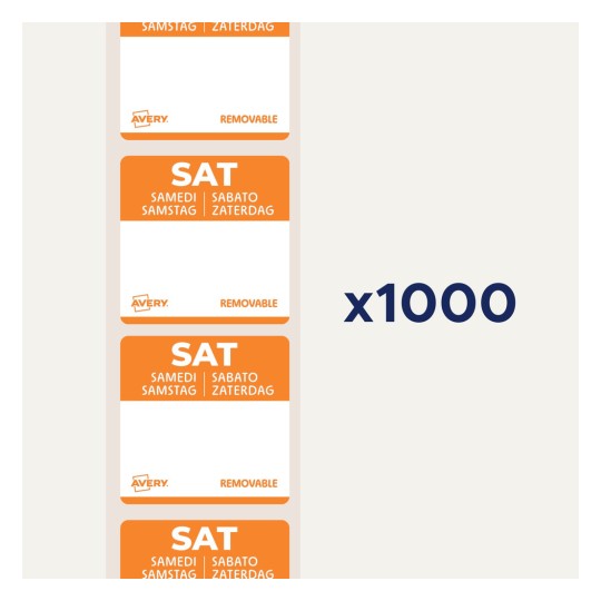 Bildet viser avtakbare etiketter med ordet 'LØR' i oransje, med oversettelser på forskjellige språk. Det angir en mengde på 1000.
