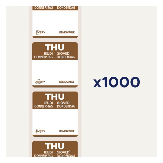 Bildet viser et ark med avtakbare etiketter med 'THU' og oversettelser på flere språk. Det er flere etiketter på arket og en merknad som indikerer 'x1000'.