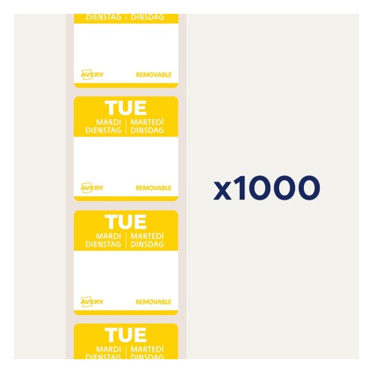 Bildet viser et ark med avtakbare etiketter for tirsdag på flere språk, inkludert engelsk, tysk, fransk og dansk, med en merknad om at det er 1000 etiketter.
