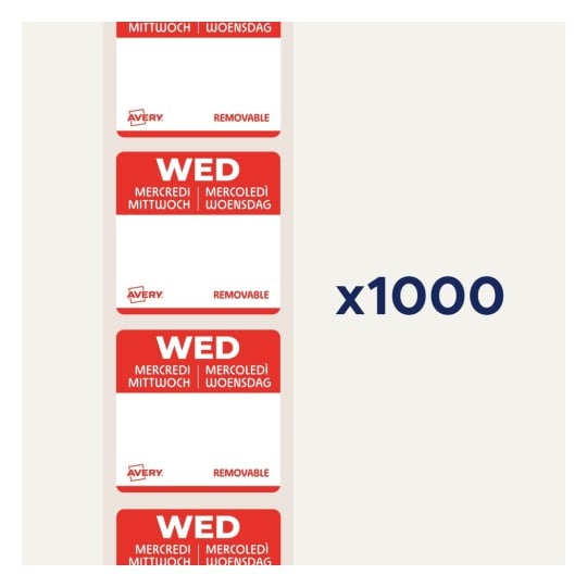 Bildet viser avtakbare etiketter som angir 'onsdag' på flere språk. Det ser ut til å være mange etiketter per ark, totalt 1000 etiketter.