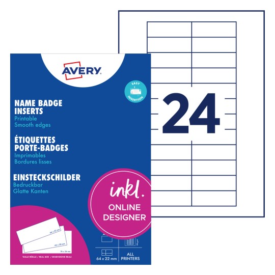 Bildet viser navneinnlegg fra Avery, som presenterer brukervennlige utskrivbare etiketter med glatte kanter og et design for 24 navneskilt.