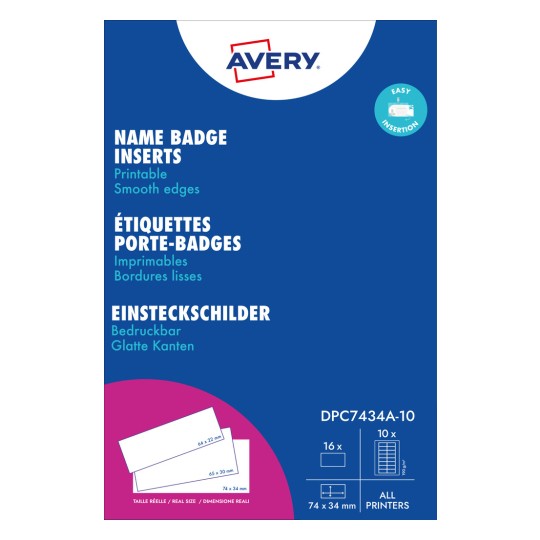 Pakningens bilde: Avery Zweckform , Artikkel: DPC7434A-10, Format: 34 x 74 mm, Skriveregenskaper: Svart/hvitt laser, fargelaser, kopimaskin, inkjet, laser, Innhold: 160 innstikksskilt / 10 ark, /ark?