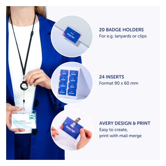 Bildet viser en kvinne i en blå blazer som holder en kortholder med et synlig navn og tittel. Omkringliggende bilder viser kortholdere, innlegg og informasjon om design- og utskriftsalternativer.