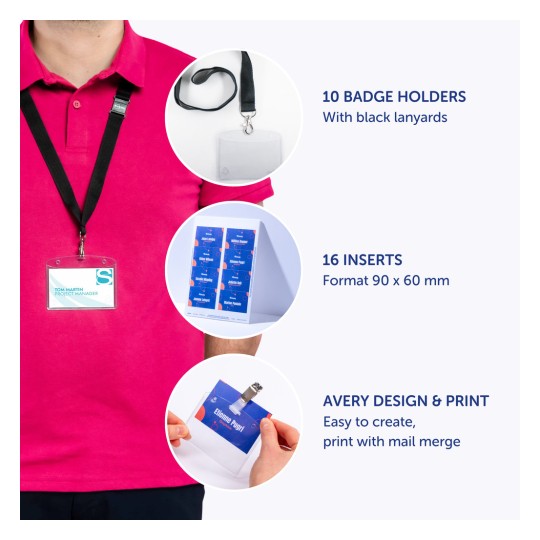 Bildet viser en person med en rosa polotrøye og en navneskilt-holder rundt halsen. Det fremhever navneskilt-holdere, innlegg og designalternativer for å lage tilpassede navneskilt.