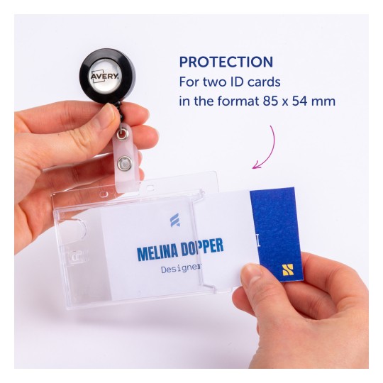 The image shows a hand holding an ID card holder with two ID cards inside. There is a retractable badge holder from Avery, labeled 'PROTECTION for two ID cards in the format 85 x 54 mm.'