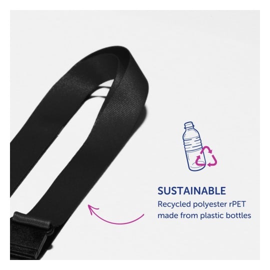 Bildet viser en svart stropp merket 'SUSTAINABLE' laget av resirkulert polyester rPET, inkludert en illustrasjon av en plastflaske og resirkuleringspiler. Det fremhever de miljømessige fordelene ved å gjenbruke plast.