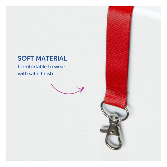 Bildet viser en rød stropp med en metallklips. Det fremhever stroppens egenskaper, og sier at den er laget av mykt materiale og er behagelig å ha på med en satinfinish.