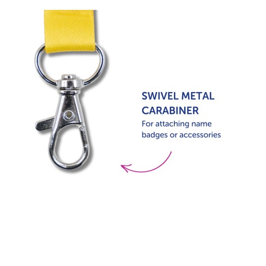 Bildet viser et gult bånd med en dreibar metal karabinkrok, merket for å feste navneskilt eller tilbehør.