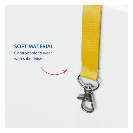 Bildet viser en gul snor laget av mykt materiale med satin-finish. Den har en metallklemme for festing og legger vekt på komfort ved bruk.