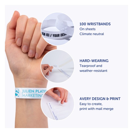 Bildet viser en hånd med et hvitt armbånd, med flere bilder og tekst som fremhever egenskaper som klima nøytralitet, holdbarhet, og designvennlighet for tilpassede armbånd.
