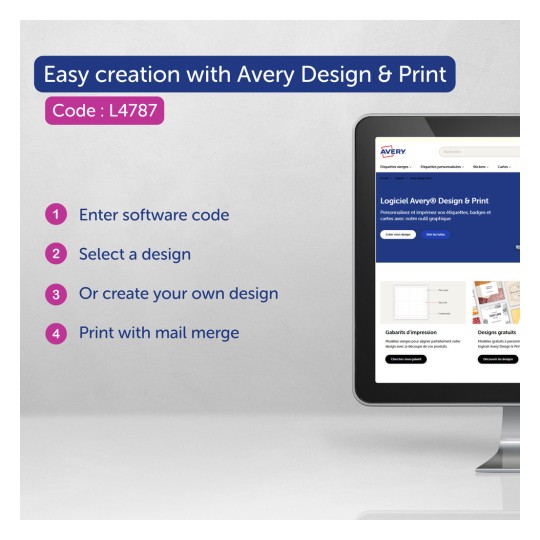 Bildet viser en dataskjerm som viser Avery Design & Print-verktøyet, med en veiledning for enkel opprettelse. Den illustrerer fire trinn: å skrive inn en programvarekode, velge et design, lage et tilpasset design og skrive ut med fletting av post.