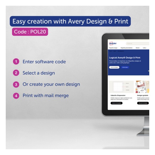 Bildet viser Avery Design & Print-programvaren med instruksjoner for enkel etikettskapning. Det inneholder trinn som å angi en programvarekode, velge et design, lage et tilpasset design og skrive ut med fletting av post.