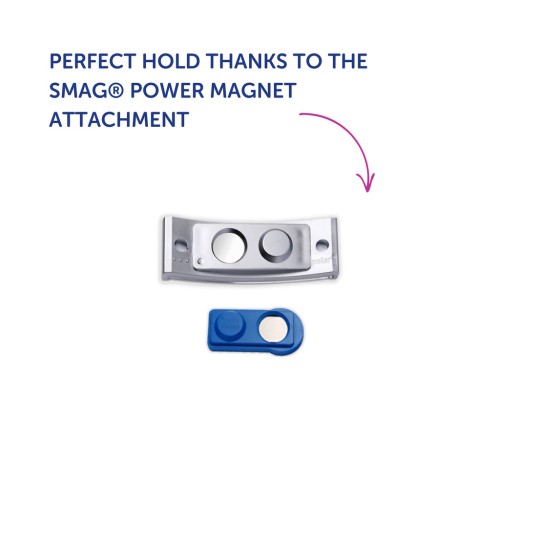 Bildet viser to magnetfester for en enhet. Det ene er større og sølvfarget, mens det mindre er blått. Teksten fremmer SMAG® Power Magnet-festet for et perfekt grep.