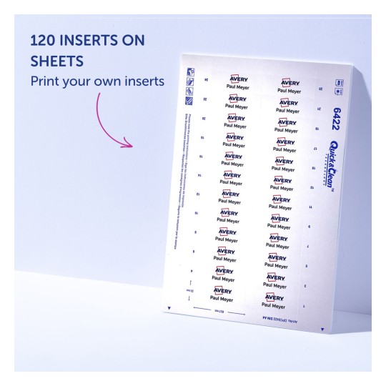 Bildet viser et ark med innleggsetiketter fra Avery, designet for å skrive ut tilpassede innlegg. Det spesifiserer at det er 120 innlegg per ark og inkluderer navnet 'Paul Meyer.'