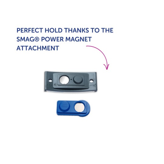 Bildet viser to plastkomponenter: et større svart feste og et mindre blått, merket som SMAG® Power Magnet Attachment. Teksten fremhever at det gir et perfekt feste.