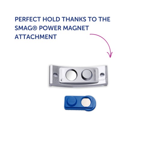 Bildet viser en produktillustrasjon av SMAG® kraftmagnetfester, med et sølv- og blått design. Teksten fremhever at de gir et perfekt grep.