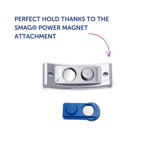 Bildet viser SMAG® Power Magnet-festet, som fremhever et metallisk feste med to sirkulære hull og en blå magnetkomponent for sikkert feste.