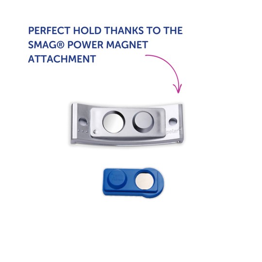 Bildet viser SMAG® Power Magnet-tilbehøret, som består av en sølvfarget magnetisk del og et blått magnetfeste, med tekst som fremhever den perfekte gripefunksjonen.