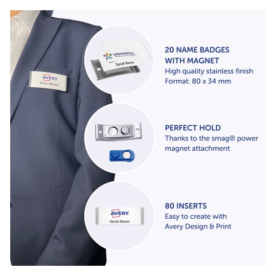 Bildet viser en mann i en blazer som har på seg et navneskilt. Rundt ham er det detaljer om navneskilt, inkludert mengder, funksjoner som magnetiske fester, og innsatser for personalisering.