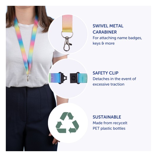 Bildet viser en fargerik rem eller lanyard med en svivel metallkarabinkrok, en sikkerhetsklemme, og fremhever det bærekraftige materialet laget av resirkulerte PET-plastflasker.