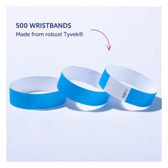 Bildet viser tre blå armbånd laget av Tyvek®, med tekst som indikerer en mengde på 500 armbånd og deres materiale.