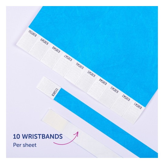 Bildet viser et blått ark som inneholder flere nummererte armbånd som kan klippes ut. Det oppgis at det er 10 armbånd per ark.