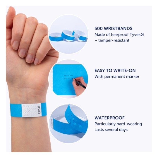 Bildet viser blå armbånd laget av rivebestandig Tyvek, og fremhever egenskaper som vanntett materiale, letthet å skrive med en permanent merkepenn, og en bulkmengde på 500 armbånd.