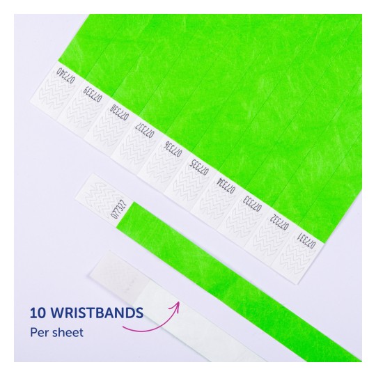 Bildet viser et ark med grønne armbånd, med totalt 10 armbånd per ark. Hvert armbånd har et sikksakkdesign og er merket med forskjellige identifikatorer.