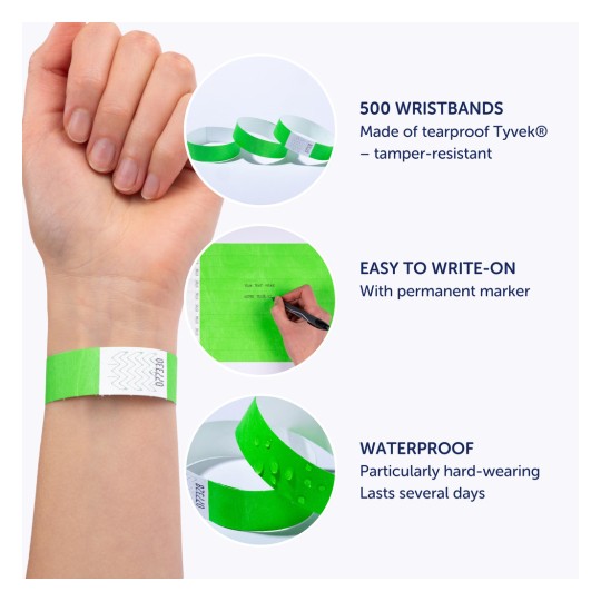 Bildet viser grønne armbånd laget av rivebestandig Tyvek, som viser frem deres egenskaper, inkludert manipulasjonsmotstand, skrivbarhet, og vannbestandighet. Det fremhever en hånd som har på seg et av armbåndene, og ytterligere visuelle elementer viser armbåndene og noen som skriver på en grønn overflate.