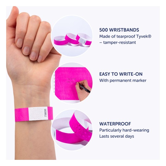 Bildet viser rosa armbånd laget av rivefast Tyvek®, som fremhever deres holdbarhet og funksjoner som å være lett å skrive på og vanntett. Det påpekes at pakken inneholder 500 armbånd.