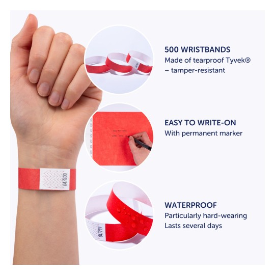 Bildet viser en hånd som har på seg et rødt armbånd, sammen med grafikk som fremhever funksjonene: 500 armbånd laget av rivebestandig Tyvek, lett å skrive på med permanent markør, og vanntett for holdbarhet som varer i flere dager.