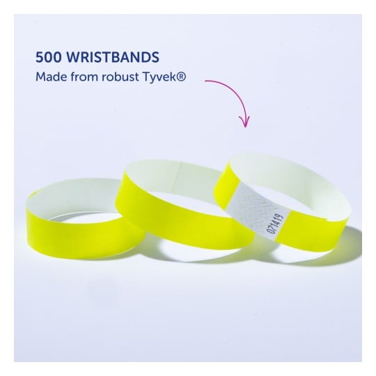 Bildet viser et sett med tre gule armbånd laget av robust Tyvek®, med tekst som indikerer at det finnes 500 armbånd tilgjengelig.