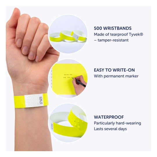 Bildet viser armbånd i sterk gul farge laget av rivesterkt Tyvek-materiale. Det fremhever funksjoner som 500 tilgjengelige armbånd, lett å skrive på med permanent marker, og vanntette egenskaper, noe som indikerer holdbarhet og motstand for bruk over flere dager.