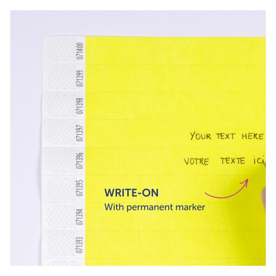 Bildet viser en lys gul side med instruksjoner om å skrive på den med en permanent marker. Det er plasser for tekst, inkludert 'Your text here' på engelsk og 'Votre texte ici' på fransk.