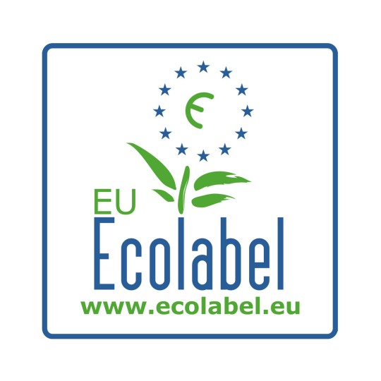 Bildet viser EU Ecolabel-logoen, som inkluderer grønne elementer, en stjernekrans som representerer Europa, og en lenke til nettstedet nedenfor.