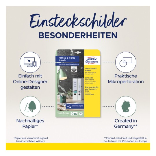 Bildet viser en produktpakke for Avery Zweckform Office & Home Labels. Den fremhever funksjoner som online designmuligheter, mikroperforering og bærekraftig papirbruk. Designet inkluderer visuelle ikoner og tekst på tysk, rettet mot kontororganisering og bruk av etiketter.
