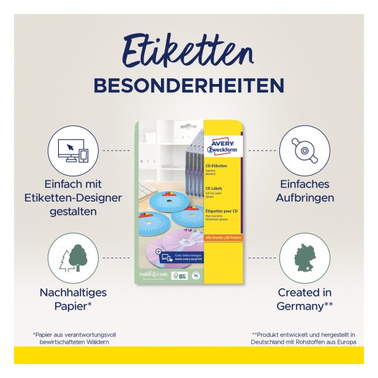 Bildet viser en produktemballasje for Avery CD-etiketter, som fremhever funksjoner som enkel design med et nettbasert verktøy, bærekraftig papir og produsert i Tyskland.