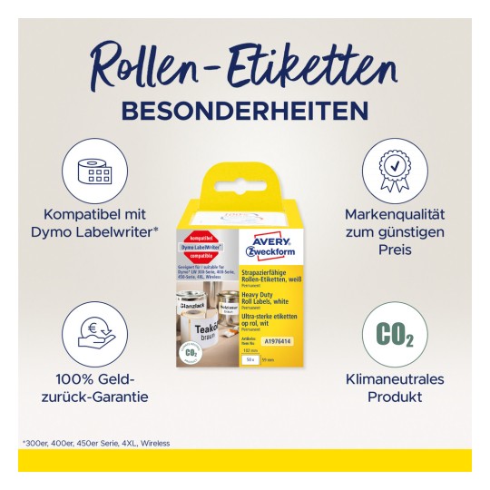 Bildet viser en eske med rull etiketter som er kompatible med Dymo LabelWriter. Det fremhever produktfunksjonene, inkludert høy kvalitet, permanente etiketter, pengene-tilbake-garanti og miljøvennlige egenskaper.