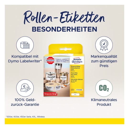 Bildet viser en pakke med rulleetiketter fra Avery Zweckform. Det fremhever funksjoner som kompatibilitet med Dymo Labelwriter, slitesterk kvalitet og pengene-tilbake-garanti. Etikettene er egnet for ulike bruksområder.