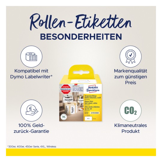 Bildet viser en emballasje av Avery Zweckform rulletiketter, som fremhever deres kompatibilitet med Dymo LabelWriter, kvalitetsgarantier og miljøvennlige egenskaper, inkludert CO2-nøytralitet.