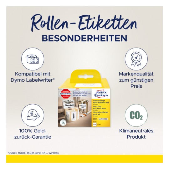 Bildet viser en emballasje for Avery Zweckform rulleetiketter. Den fremhever kompatibilitet med Dymo Labelwriters, tilbyr høy kvalitet til lav pris, en 100 % pengene-tilbake-garanti, og understreker sine klimavennlige produktegenskaper.