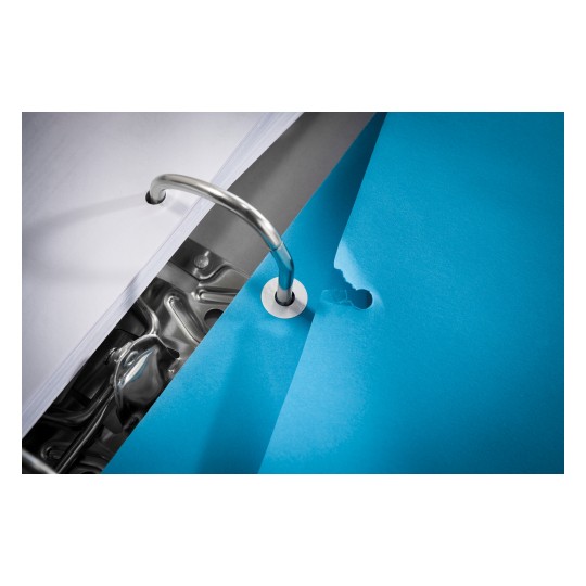 The image shows a close-up of a binder with several sheets of paper, highlighting a metal ring holding a blue sheet with a hole in it. The layout suggests organizational use.