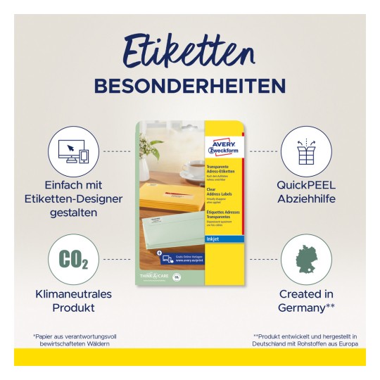 Bildet viser emballasje for Avery Zweckform klare adresseetiketter. Det fremhever funksjoner som enkel design med et nettbasert verktøy, CO2-nøytralitet, og QuickPEEL enkel fjerning. Produktet er produsert i Tyskland.