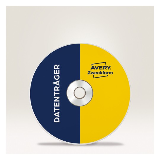 Bildet viser en CD med et tofarget design. Venstre halvdel er mørkeblå med ordet 'DATENTRÄGER' trykt i hvitt, mens høyre halvdel er knallgul med 'Avery Zweckform'-logoen.