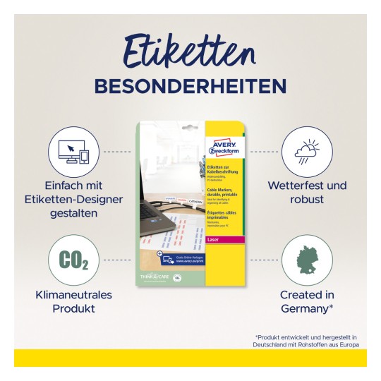Bildet viser en produktpakke for Avery Zweckform kabelmarkører. Den fremhever funksjoner som lett tilpassbare design via en etikett-designer, vanntette og holdbare materialer, CO2-nøytralitet, og produksjon i Tyskland.