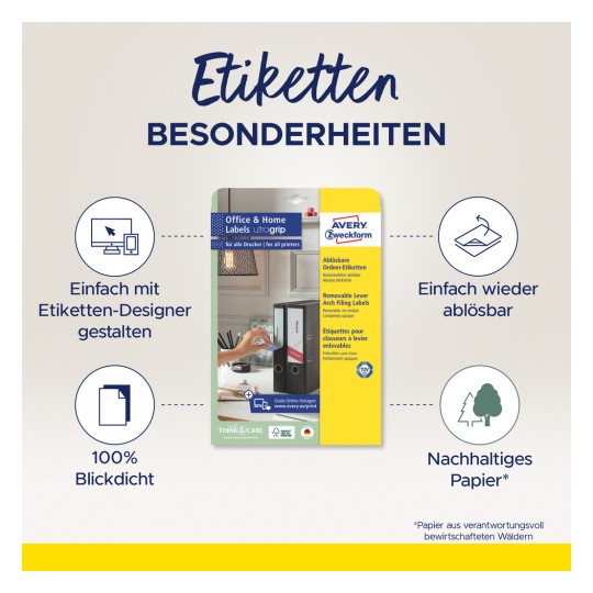 Bildet viser etiketter for kontor- og hjemmebruk fra Avery, med avtakbare etiketter for ringpermer. Det fremhever enkelt design med en etikettmal, gjenbrukbart lim og bærekraftig papir.