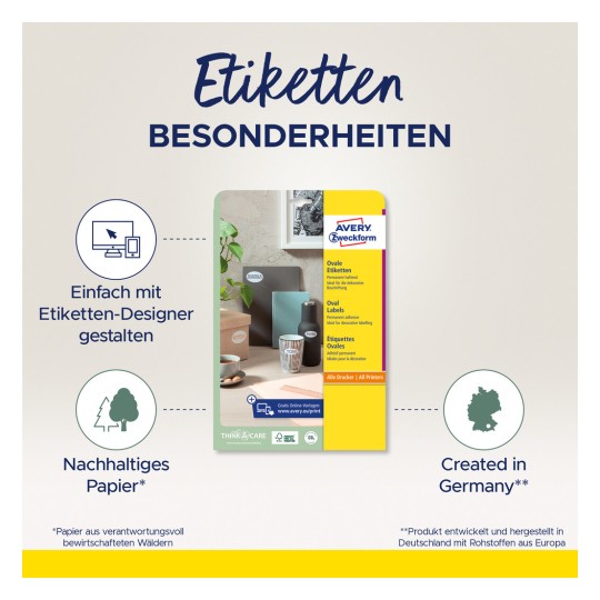 Bildet viser en produktoversikt for Avery Zweckform ovale etiketter, med vekt på funksjoner som enkel design med en etikettdesigner, bærekraft, og produksjon i Tyskland.
