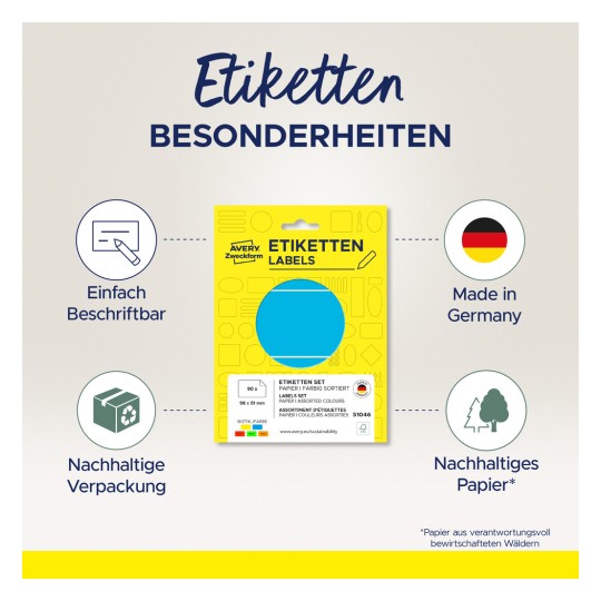 Bildet viser en pakke med etiketter fra Avery Zweckform. Den fremhever funksjoner som «Lett å skrive på» og «Produsert i Tyskland». Emballasjen er merket som bærekraftig og laget av ansvarlig hentet papir.